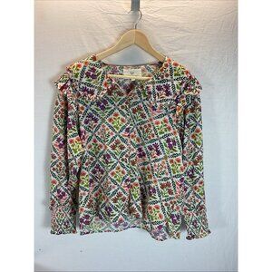 NEW Anthropologie Print Fresh floral Blouse‎ size L Smocked Ruffle collar